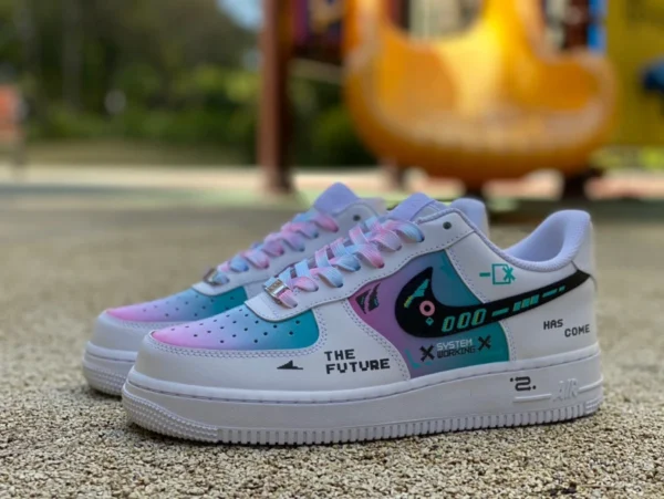 AF1 jeu vidéo blanc violet bleu bas version personnalisée de Nike Air Force 1 cyberpunk fin du jeu numéro un joueur jeu vidéo pixel baskets basses blanc violet bleu hu6395-756