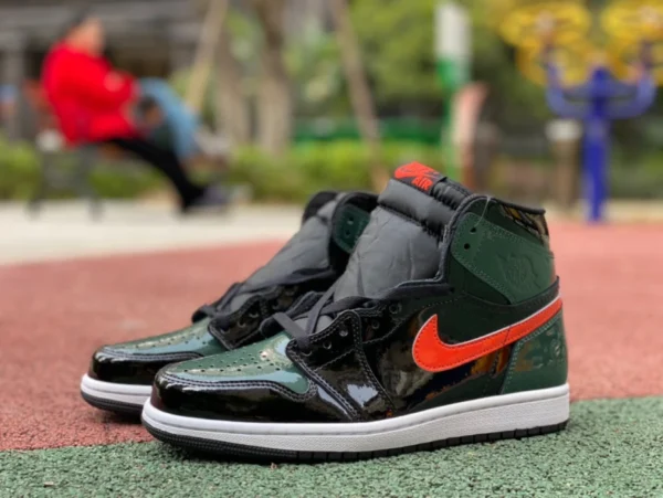 aj1 Miami cuir verni noir vert orange Air Jordan 1 AJ1 solefly Miami cuir verni noir vert orange AV3905-038