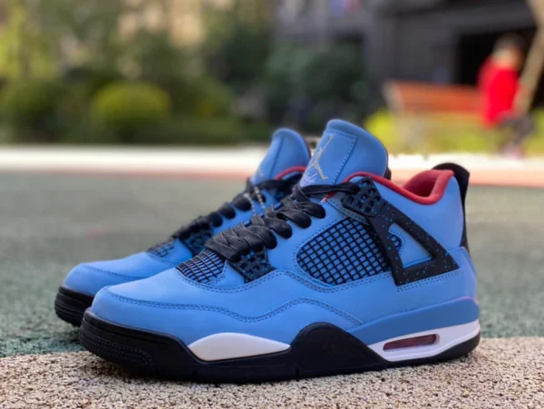 aj4 couche supérieure en daim bleu cuir version recommandée Air Jordan 4 x Travis Scott Cactus daim bleu 308497-406