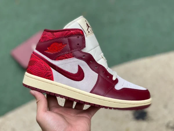 aj1mid feuilles rouges blanches pur original Air Jordan 1 WMNS Tiki Leaf AJ1 feuilles rouges blanches baskets montantes décontractées pour hommes et femmes DZ2820-60