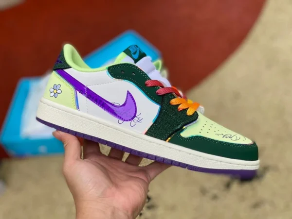 aj1 charité blanc vert violet faible Air Jordan 1 Low OG "Doernbecher" charité chaussures de basket-ball rétro basses antidérapantes et résistantes à l'usure pour hommes et femmes même style vert violet FD9665-351