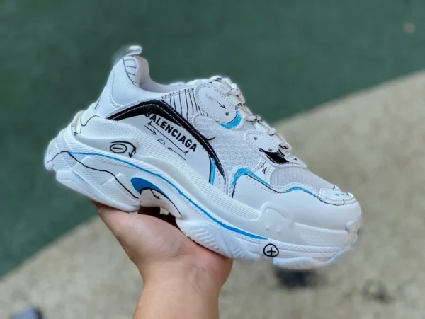 Balenciaga graffiti blanc Balenciaga Triple S tissu maille mousse double couche logo broderie chaussures papa joint bidimensionnel