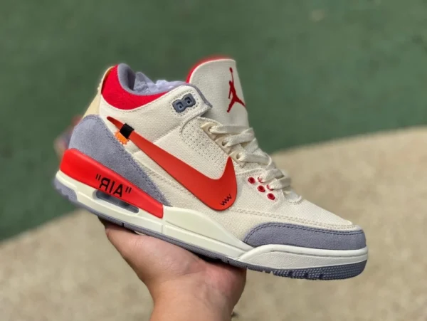 aj3 toile blanc rouge ow joint OFF-WHITE x Air Jordan 3 AJ3 coton vieilli blanc cassé mi-haut DH7139-100