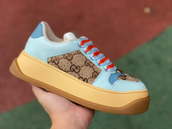 Gucci à semelles épaisses potelée bleu marron pur original GUCCI Gucci Screener cuir potelé GG toile baskets de mode à lacets à semelles épaisses pour femmes