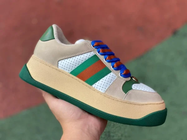 Gucci riz potelé à semelles épaisses gris vert bleu pur original GUCCI Gucci Screener cuir potelé GG toile baskets de mode à lacets à semelles épaisses