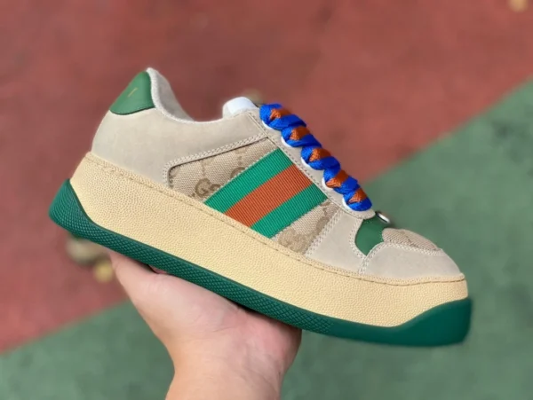 Gucci riz potelé à semelles épaisses gris vert pur original GUCCI Gucci Screener cuir potelé GG toile baskets de mode à lacets à semelles épaisses