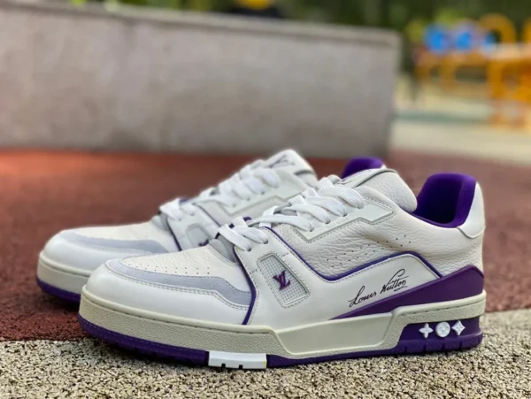 LV blanc et violet LoUIS VUTTON Trainer en cuir de veau bout rond à lacets panneau bas