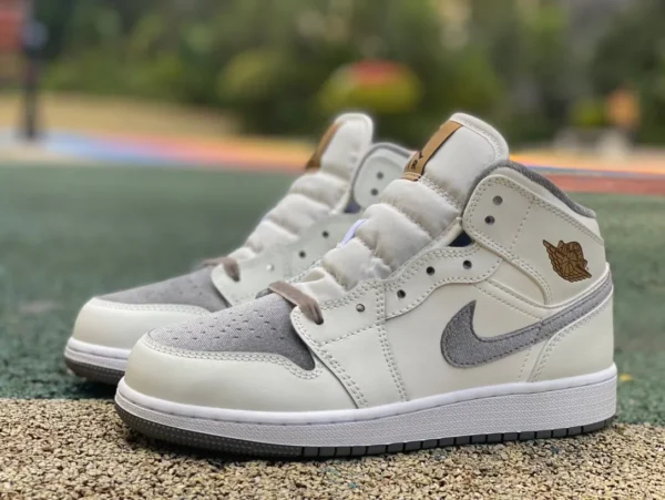 aj1Mid beige blanc gris pur original Air Jordan 1 Mid AJ1 couture velours femme chaussures de basket-ball rétro chinois baskets FB9899-100