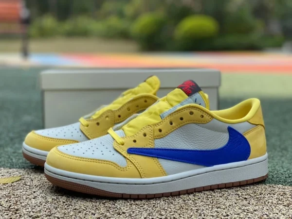 aj1 barb low-top édition spéciale blanche, jaune et bleue produite par LJR Travis Scott x Air Jordan 1 Low « Canary » 8.0 barb low-top