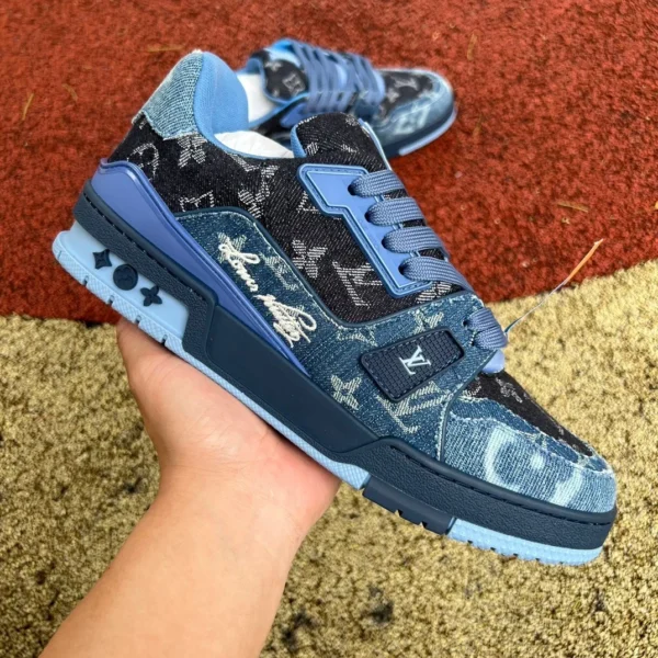 LV noir denim bleu G pur original LOUIS VUITTON Trainer baskets basses à lacets en cuir